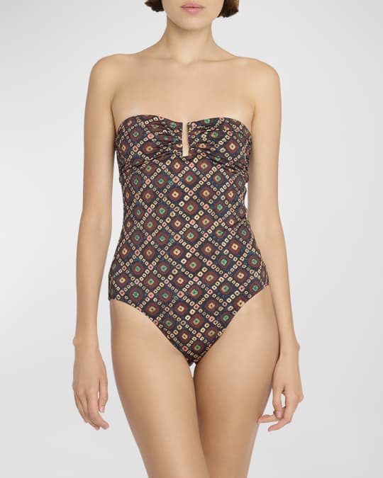 【ULLA JOHNSON】monterey プリント strapless swimsuit Monterey Strapless Maillot - White Gardenia Black & White