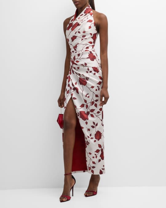 Rasario Floral-Print Draped Satin Halter Maxi Dress | Neiman Marcus