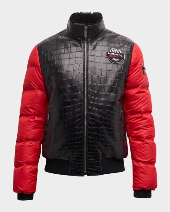 Men's Lamb Shearling-Collar Crocodile Leather Padded Bomber Jacket