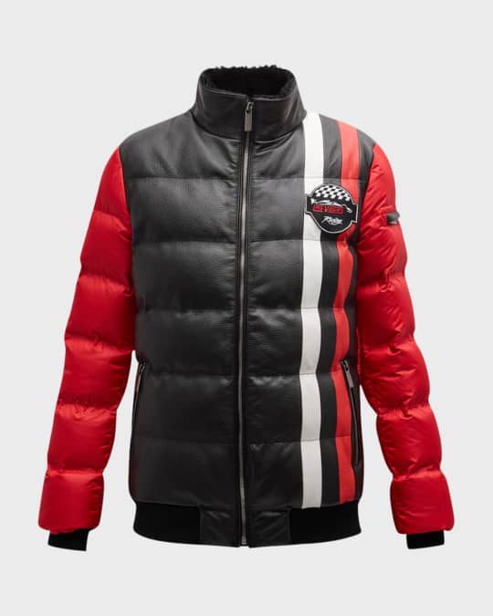 Lamb Shearling-Collar Zip Down-Filled Leather Jacket