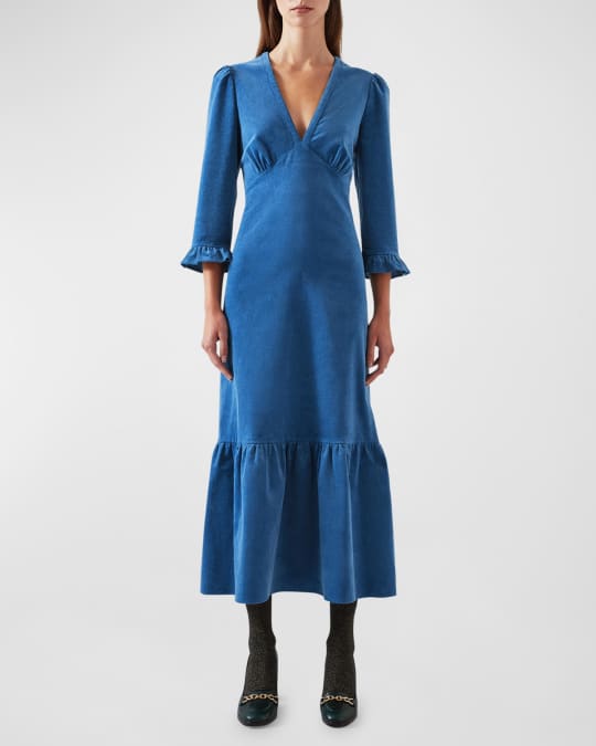 corduroy midi dress Western Formal 3/4 sleeves LK Bennett Deborah Ruffle Corduroy