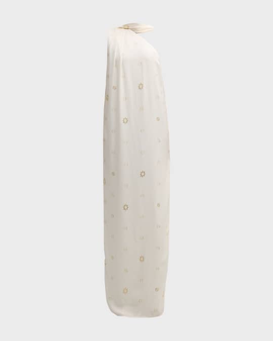 Metallic Polka-Dot Scarf-Neck One-Shoulder Maxi Dress