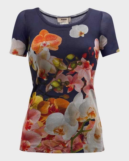 Scoop-Neck Floral-Print Tulle T-Shirt