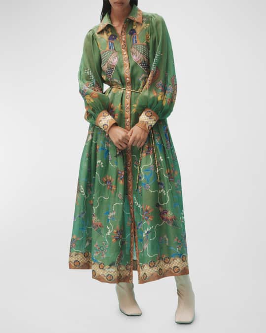 ALEMAIS Birdie Print Balloon-Sleeve Midi Shirtdress | Neiman Marcus