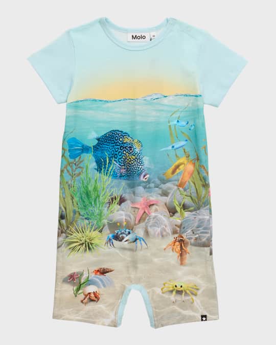 Boy's Finn Ocean-Print Romper, Size 6M-18M