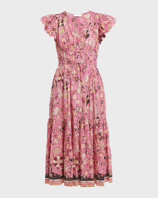 Ulla Johnson Angelica V-Neck Flutter-Sleeve Midi Dress | Neiman Marcus