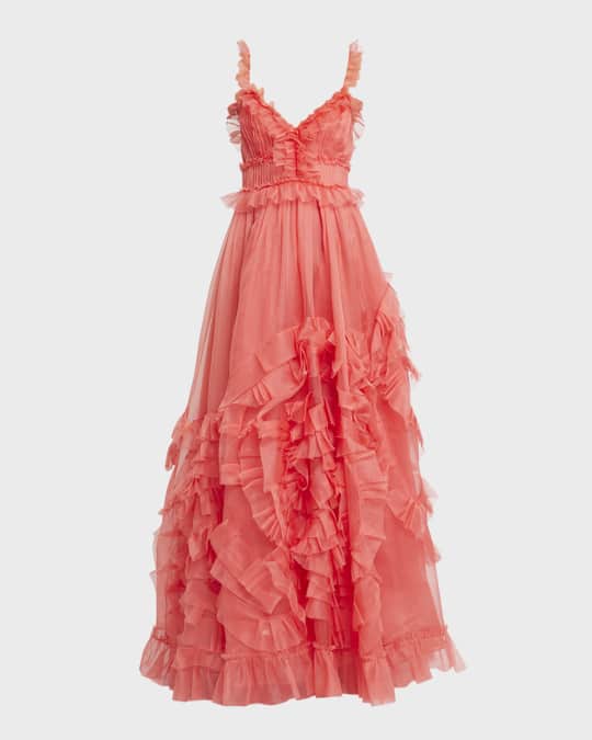 slim fit dress slacks Aida Cascading Ruffle Gown - Oleander Floral Print Sleeveless Maxi Dress main image 0