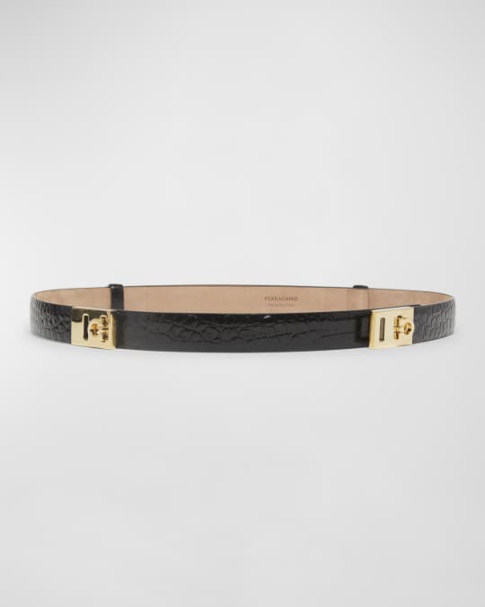 Double Gancini Croc-Embossed Leather Belt