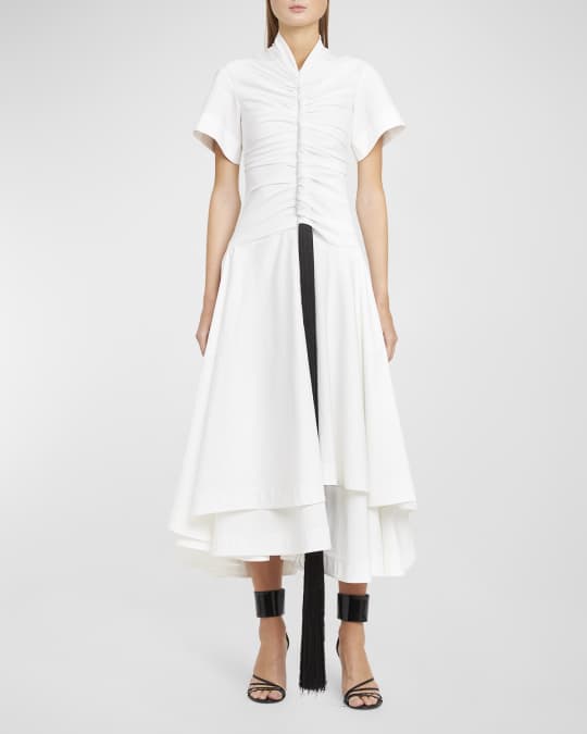 Ferragamo Ruched Short-Sleeve Drop-Waist Poplin Midi Dress With Removable  Tassel | Neiman Marcus