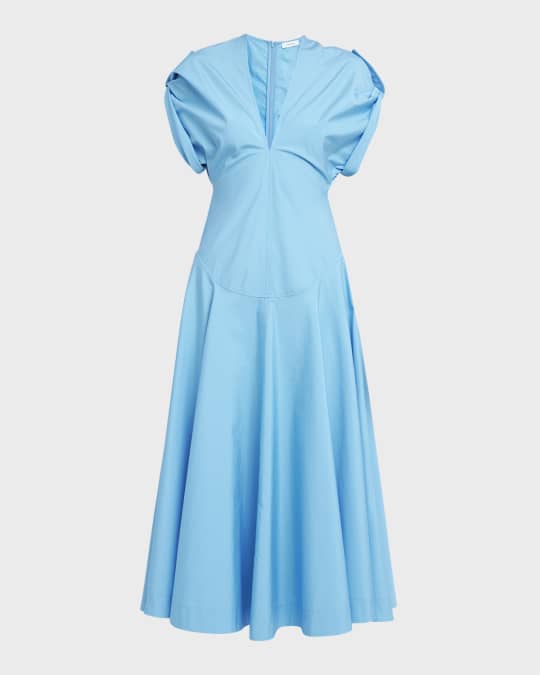Plunging Cap-Sleeve Organic Poplin Midi Dress