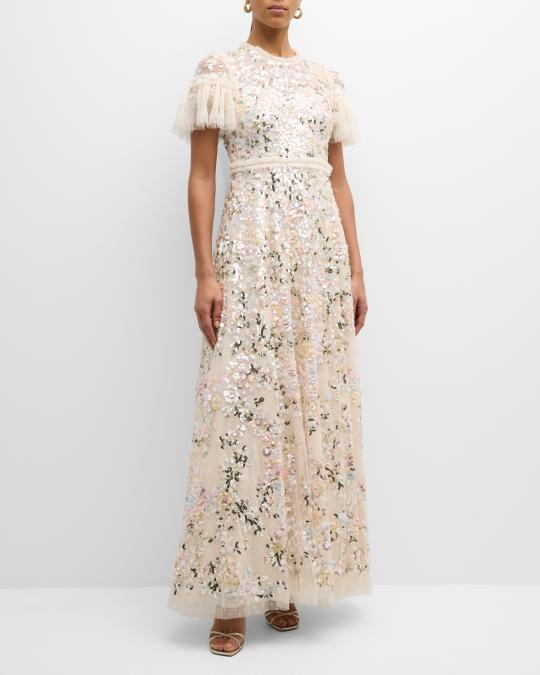 floral sequin tulle dress in white Tulle Needle And Thread White Gown Needle Thread Dream Garland Floral  Sequin Tulle Gown Neiman Marcus