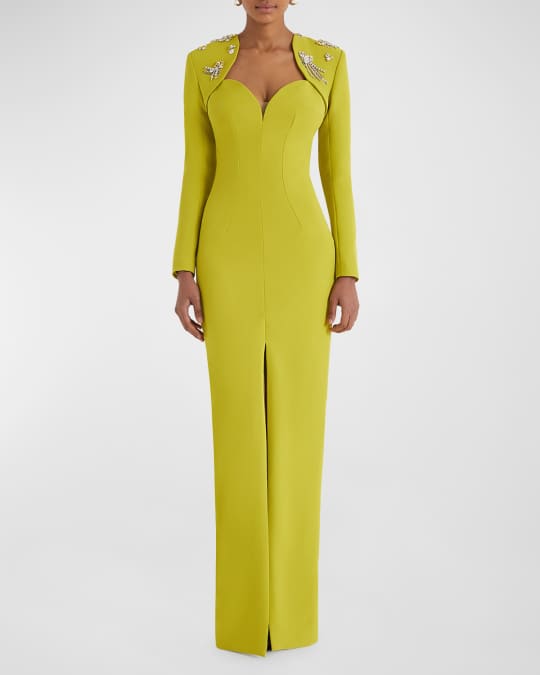 Safiyaa Trixie Crystal Plunging Long-Sleeve Slit-Hem Gown | Neiman Marcus