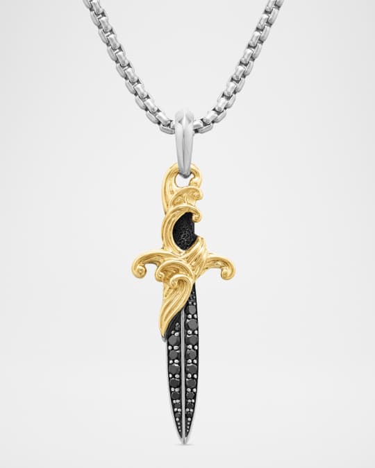 Men's Waves Dagger Amulet in Silver with 18K Gold and Black Diamonds, 43.8mm 