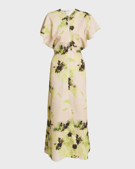Abstract Print Short Sleeve Drape Shoulder Maxi Dress