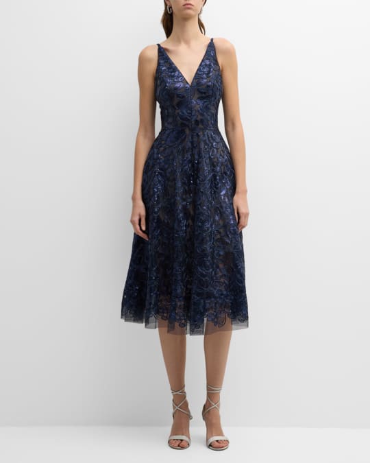Dress the Population Black Label Halle Sleeveless Sequin Embroidered Midi Dress Neiman Marcus