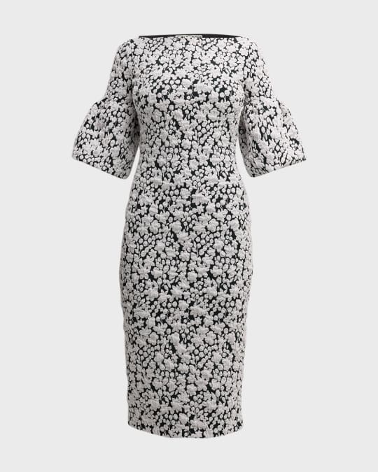 Chiara Boni La Petite Robe Puff-Sleeve Floral Jacquard Bodycon Midi Dress |  Neiman Marcus