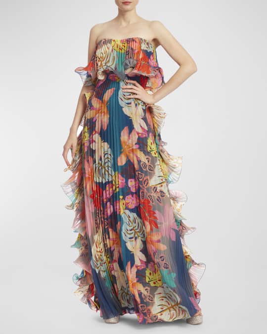 Pleated Strapless Floral Print Ruffle Gown