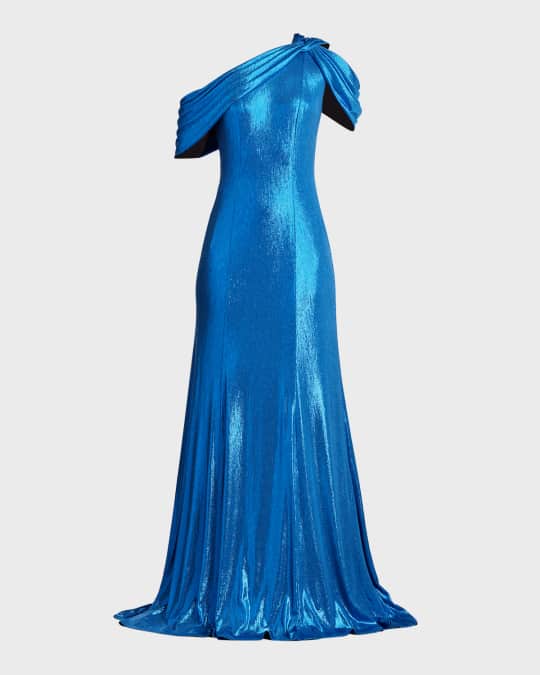 Tadashi Shoji Draped One-Shoulder Metallic Jersey Gown | Neiman Marcus