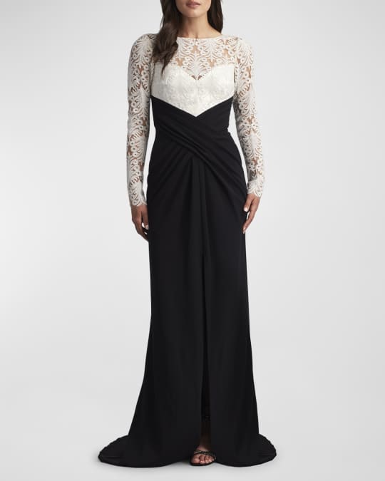 Pleated Two Tone Crepe Lace Column Gown