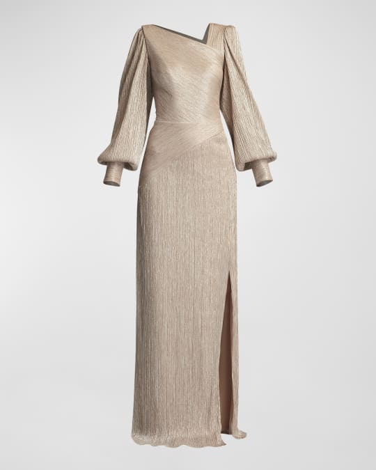 Metallic Balloon Sleeve Column Gown