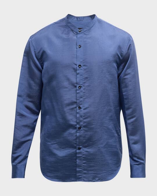 slim fit banded collar dress shirt Men's Linen-Look Band Collar Shirt – Perry Ellis main image 0