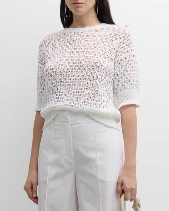 Elbow Sleeve Crewneck Open Knit Sweater