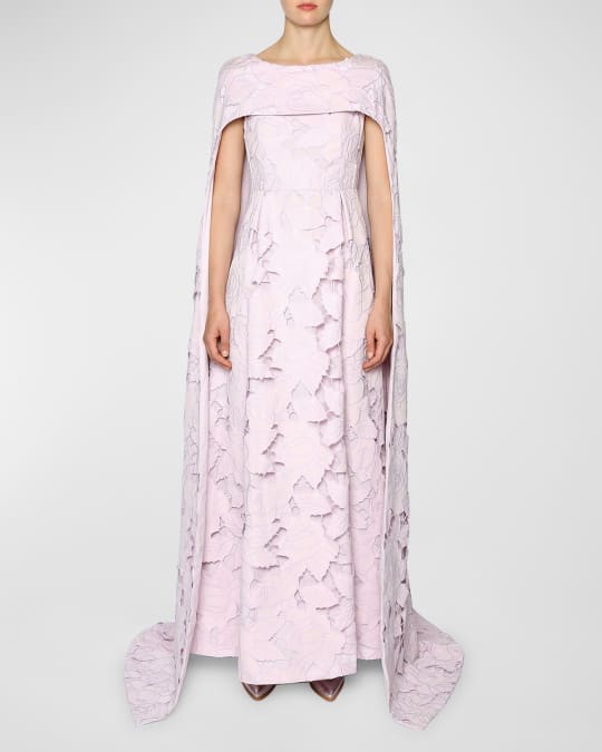 Huishan Zhang Drew Floral Embroidered Lace Cape Gown | Neiman Marcus