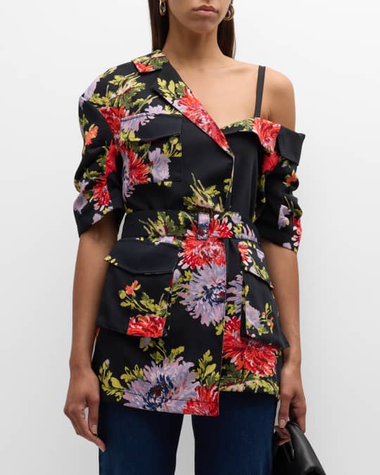 Katie Chrysanthemum-Print Asymmetric Crepe Jacket