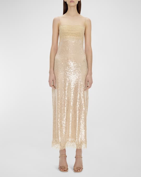 SIMKHAI Valentina Lace-Trim Sequin Midi Slip Dress | Neiman Marcus