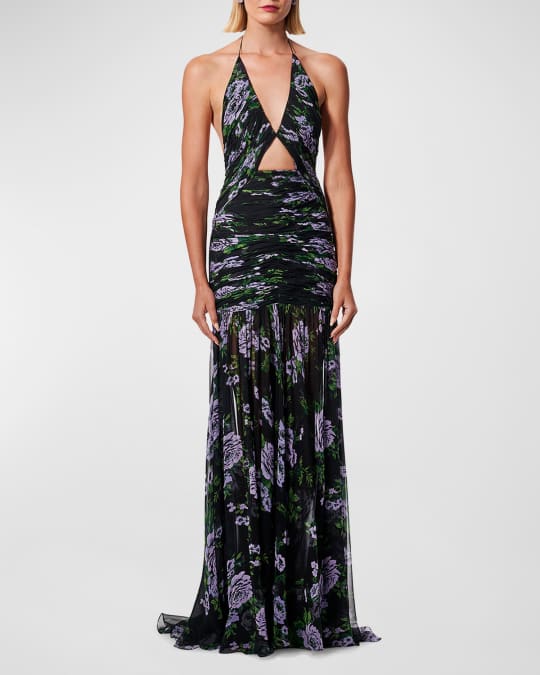 Carolina Herrera Floral-Print Cutout Ruched Chiffon Halter Gown | Neiman  Marcus