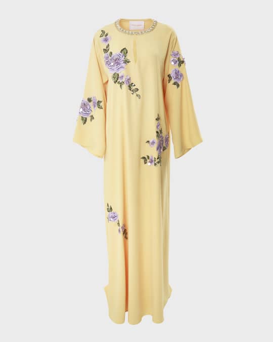 Floral Embroidered Crystal Long-Sleeve Caftan Gown