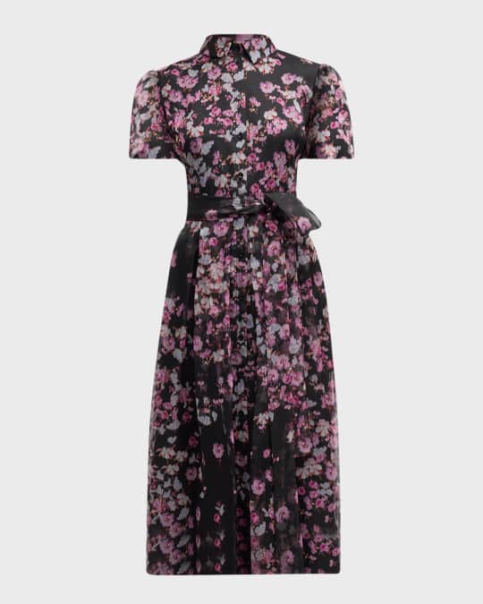 Oui Floral Print Short Sleeve Belted Cotton Shirt Dress Blue 0575