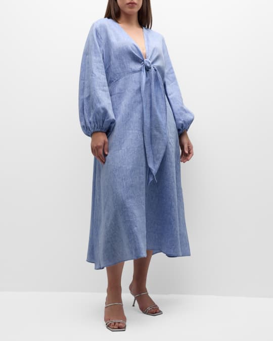 Harshman Plus Size Novella V Neck Knot Balloon Sleeve Midi Dress Neiman Marcus