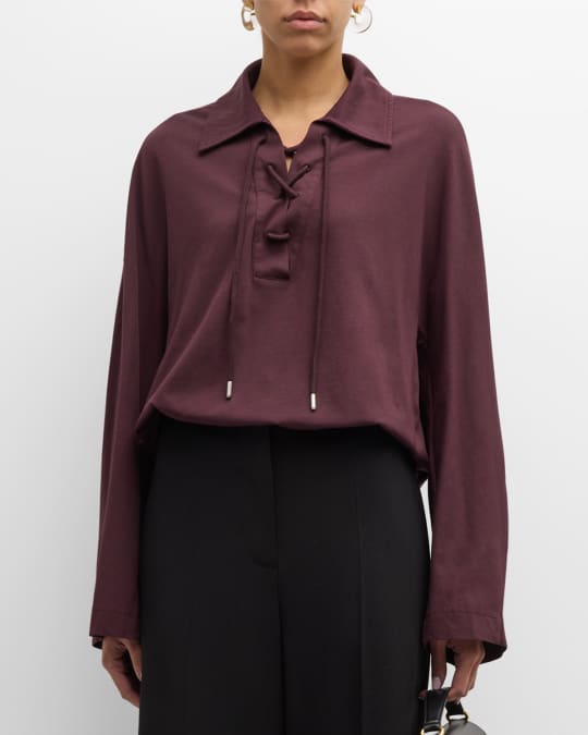 Dries Van Noten Heels Lace-Up Knit Polo Sweater | Neiman Marcus