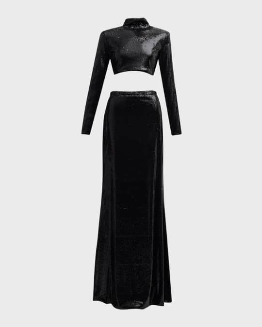 Two-Piece Mock-Neck Long-Sleeve Sequined Gown