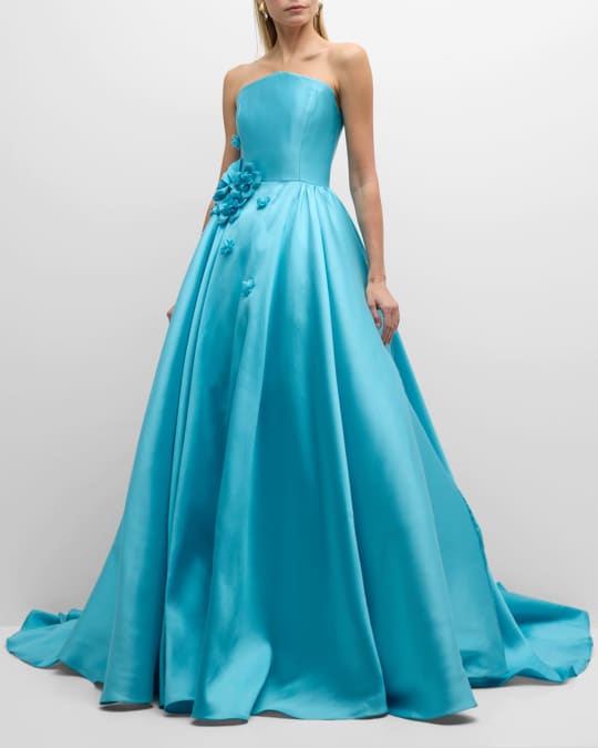 Floral Applique Aquamarine Mikado Slit Hem Strapless Ball Gown