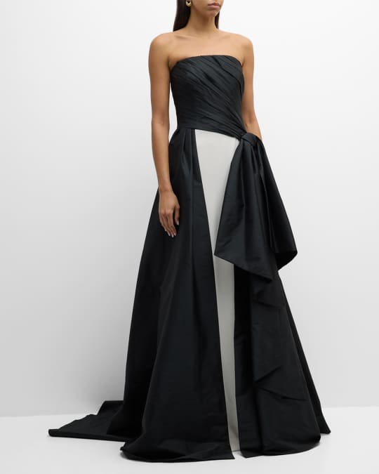 Draped Taffeta Bow Gown With Crepe Column Skirt