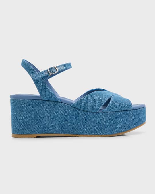 Stuart Weitzman Carmen Crisscross Denim Wedge Sandals Neiman Marcus