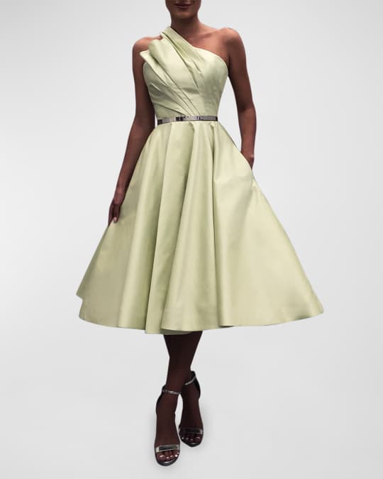 Romona Keveza Pleated One-Shoulder Fit-&-Flare Silk Midi Dress | Neiman  Marcus