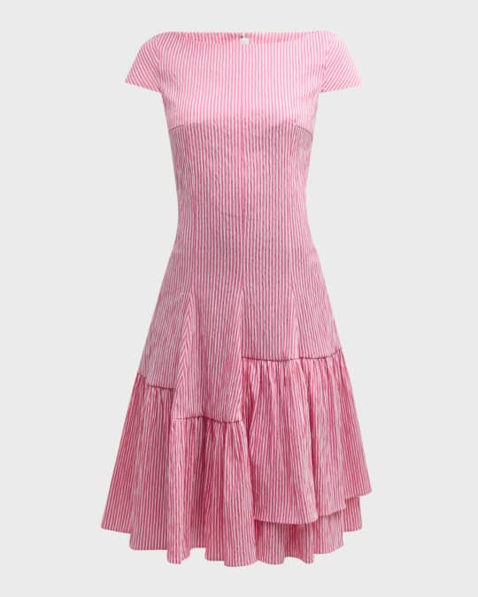 Talbot Runhof Seersucker Short-Sleeve Drop-Waist Ruffle Dress | Neiman  Marcus