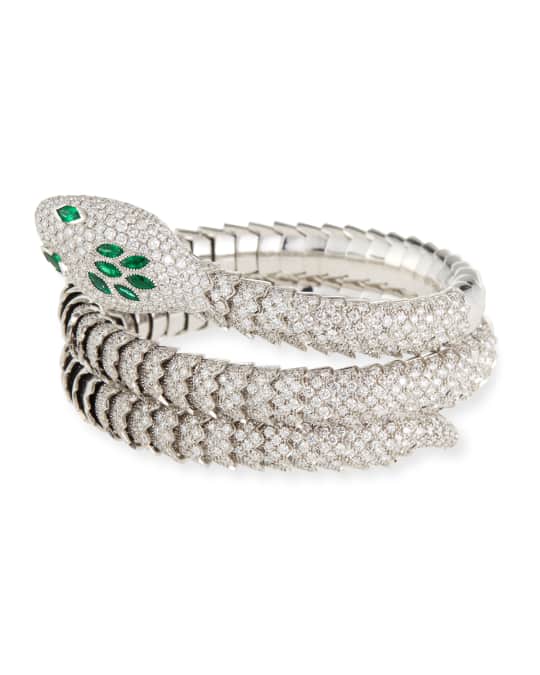 18k Gold Emerald & Diamond Snake Bangle Bracelet