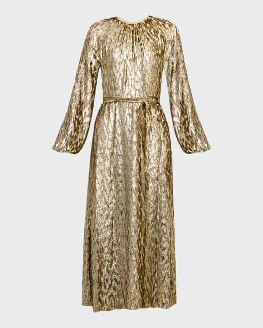 SIMKHAI Odina Blouson-Sleeve Metallic Midi Dress | Neiman Marcus