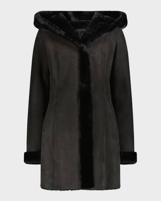 Shearling Lamb Hooded A-Line Stroller Coat