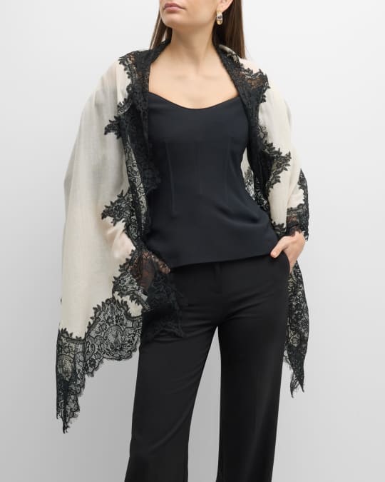 White Lace Trim Cashmere & Silk Evening Wrap 