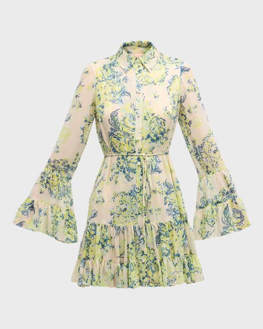 Cinq a Sept Lyra Floral Bell-Sleeve Mini Shirt Dress | Neiman Marcus