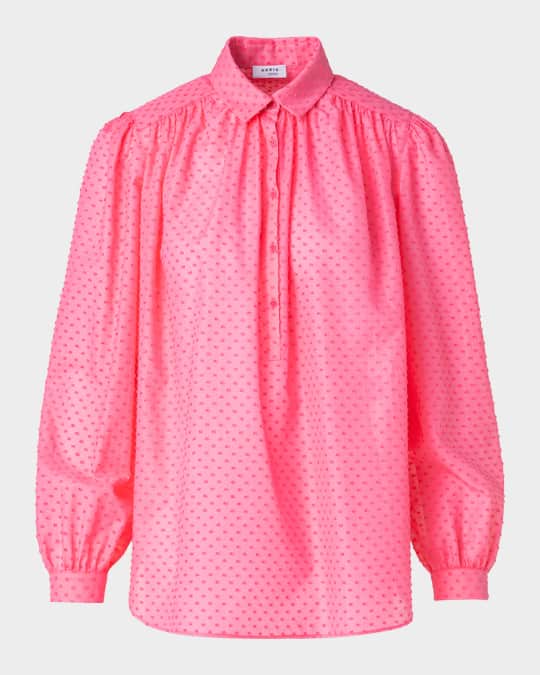 Swiss Dot Techno Crepe Long-Sleeve Collared Blouse