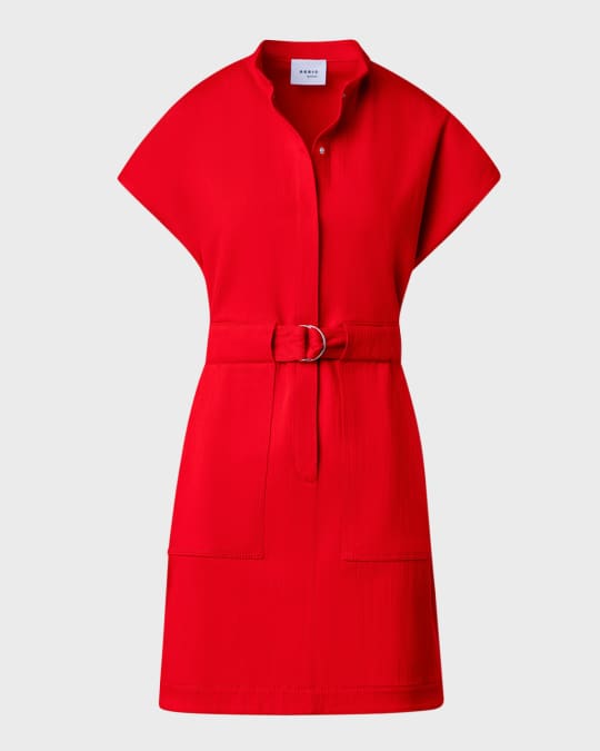 Belted Short-Sleeve Cotton Stretch Denim Mini Dress
