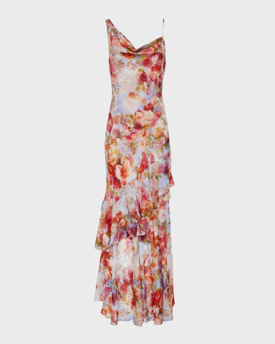 L'Agence Viola Asymmetric Ruffled Cowl-Neck Maxi Dress | Neiman Marcus