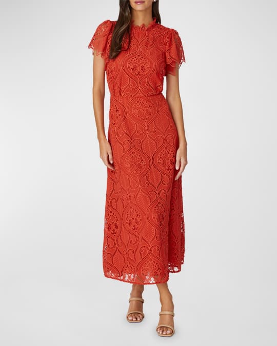 Shoshanna Norma Embroidered Cutout Midi Dress | Neiman Marcus