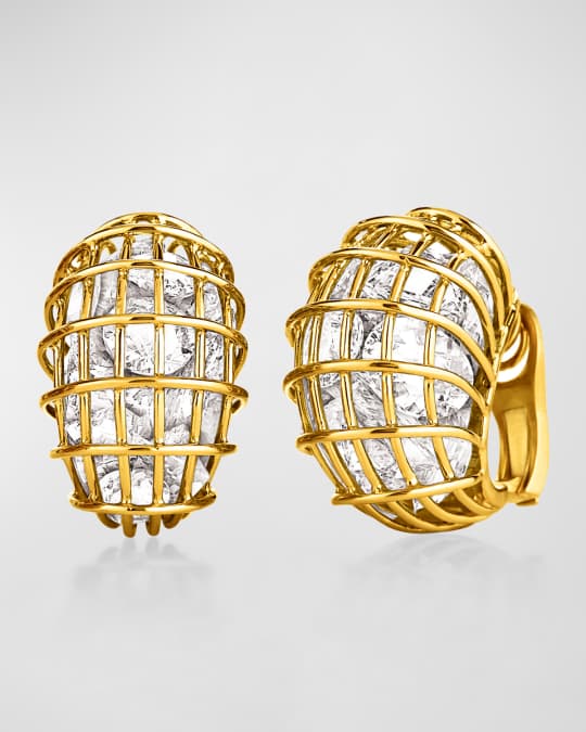 18K Yellow Gold Rock Crystal Caged Hoop Clip-On Earrings